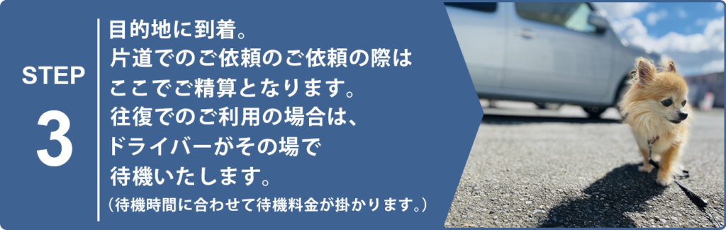 目的地に到着。片道でのご依頼の際はここでご精算となります。 往復でのご利用の場合は、ドライバーがその場で待機いたします。（待機時間に合わせて待機料金が掛かります。）