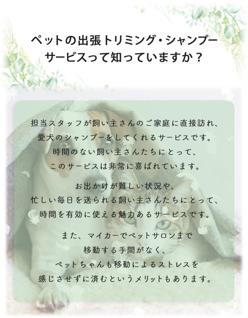 ペットの出張トリミング・シャンプーサービスって知ってますか? 担当スタッフが飼い主さんのご家庭に直接訪れ、愛犬のシャンプーをしてくれるサービスです。時間のない飼い主さんたちにとって、このサービスは非常に喜ばれています。 お出かけが難しい状況や、忙しい毎日を送られる飼い主さんたちにとって、時間を有効に使える魅力あるサービスです。 また、マイカーでペットサロンまで移動する手間がなく、ペットちゃんも移動によるストレスを感じさせずに済むというメリットもあります。